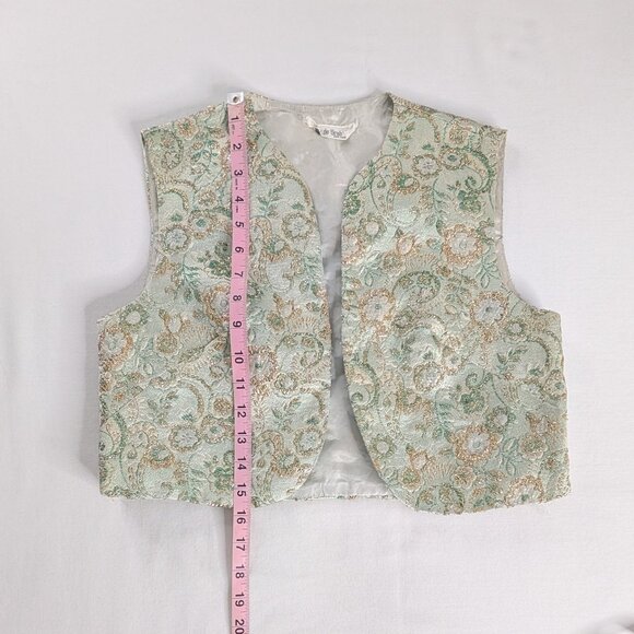 VTG Green Gold Embroidered Brocade Floral Vest Metallic 50s 60s Crop Length - Picture 4 of 6
